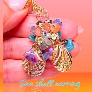 Gold and Multicolor Sea Shell Earrings-genuine gemstone chips